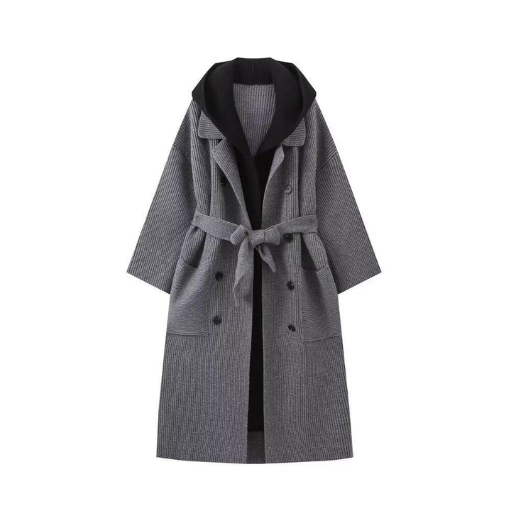 Ladies long casual cardigan with tie waist belt and double layer collar Lune London