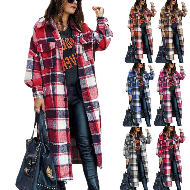 Ladies Long Sleeve Wool Coat with Plaid Pattern and Practical Pockets Lune London