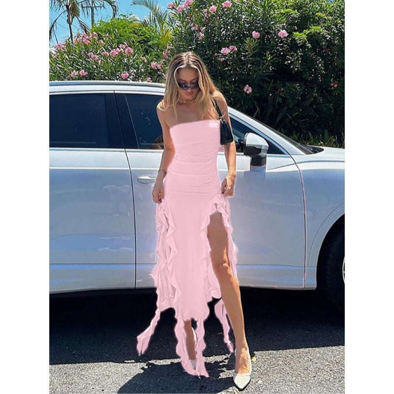 Women Elegant Split Maxi Dress with Chic Ruffles and Style