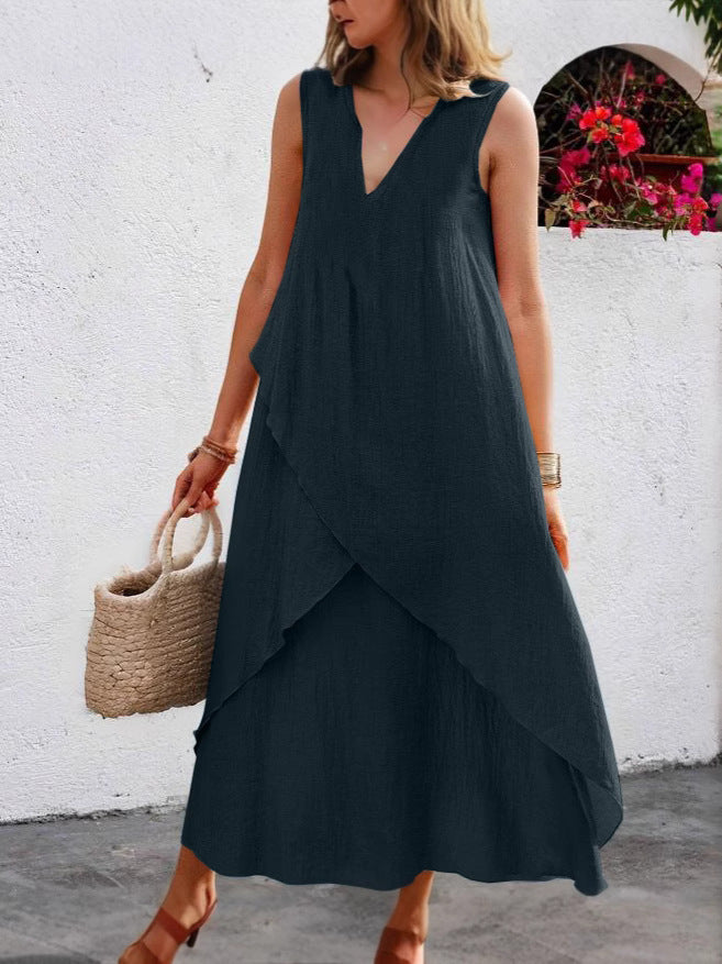 Casual maxi dress for women with layered ruffles and modern V-neck Lune London