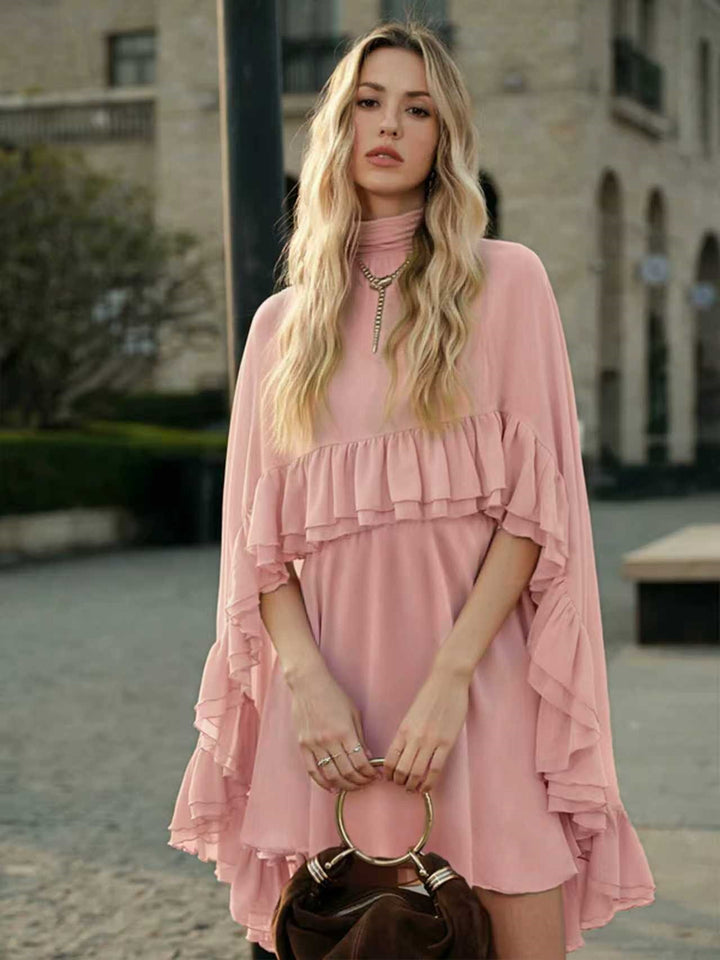 Women Elegant Ruffle Dress with High Neckline and Flowing Cut Lune London