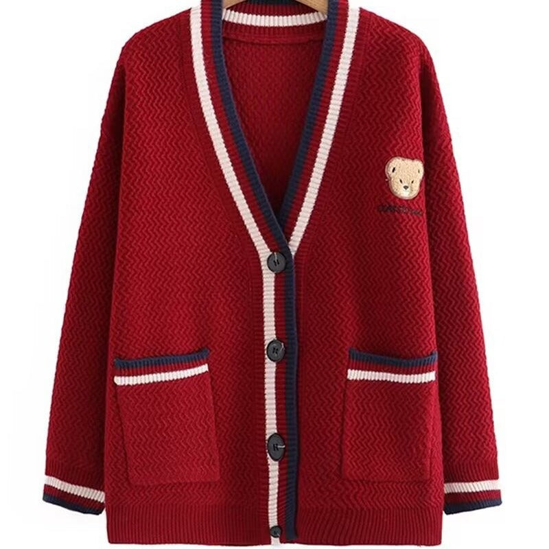 Knitted jacket for women with bear pattern and contrasting stripes Lune London