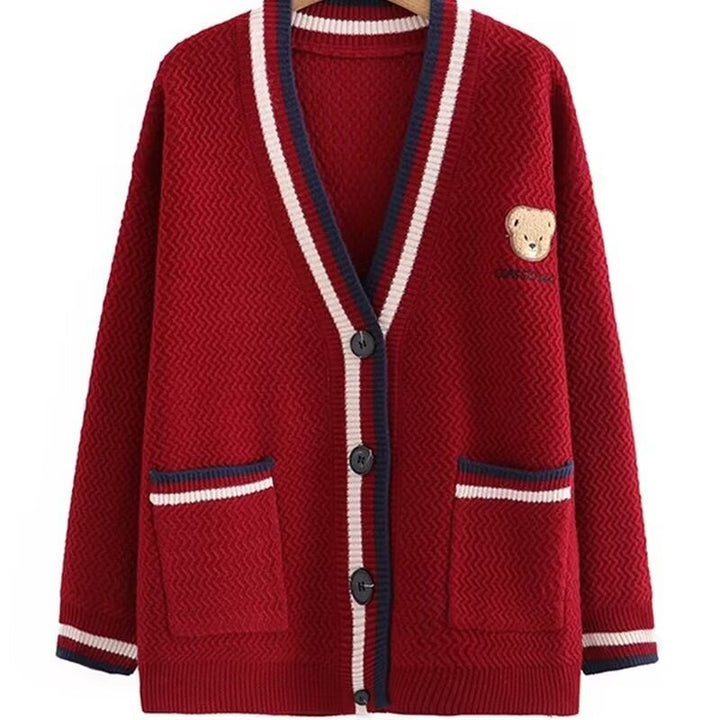 Knitted jacket for women with bear pattern and contrasting stripes Lune London