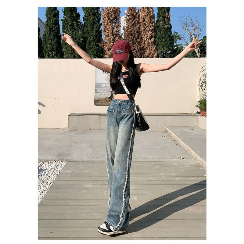 Jean en denim à coupe large pour femmes avec franges et jambes hautes Chic & Stil