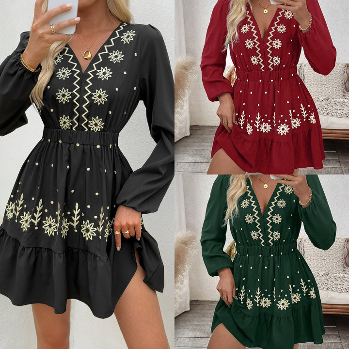 Mini dress for women with floral embroidery detail and waist belt Lune London