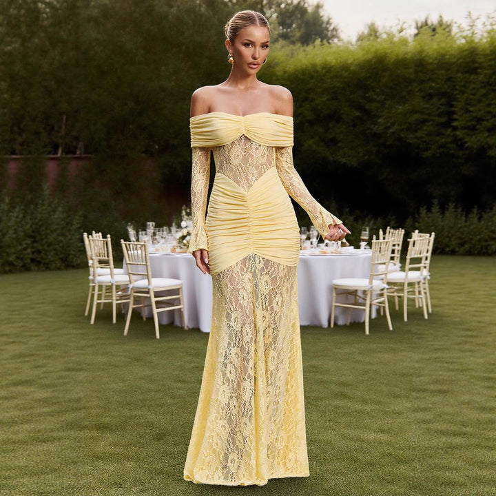 Elegant lace maxi dress for women with refined ruffle details and bare straps Chic & Stil