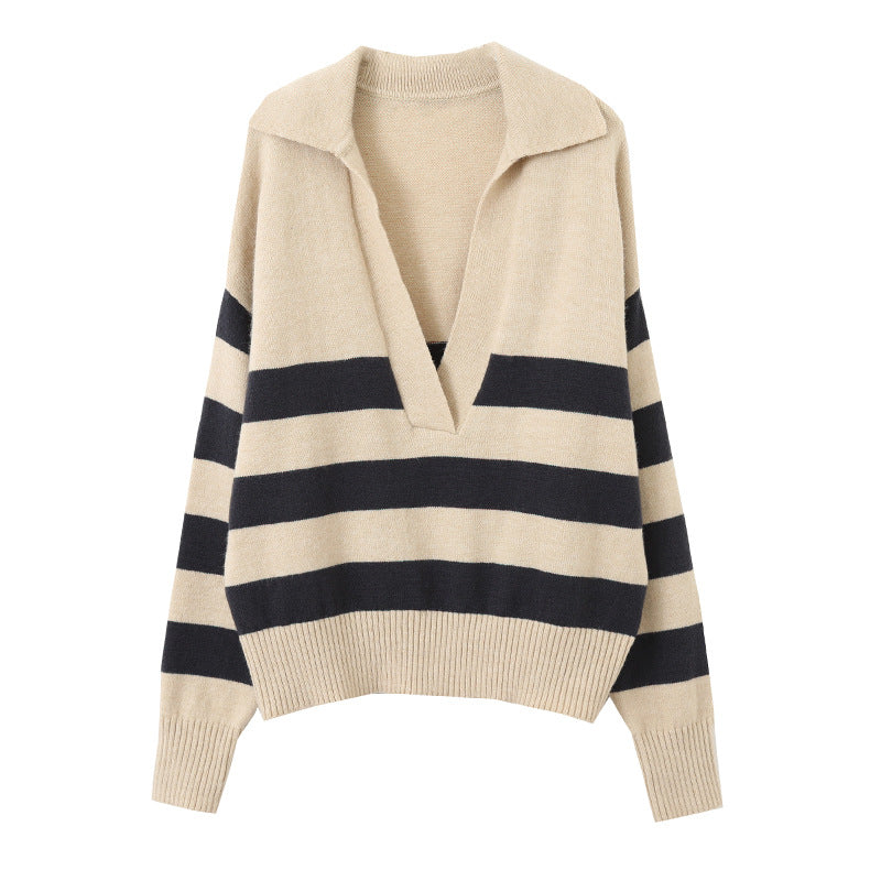 Ladies knit sweater with V-neck and stripes