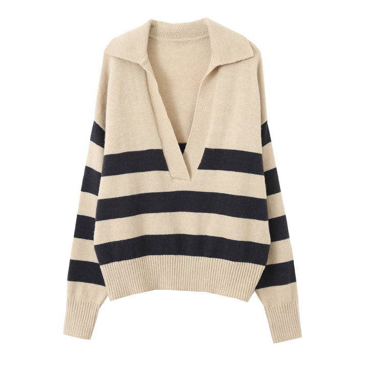 Ladies knit sweater with V-neck and stripes