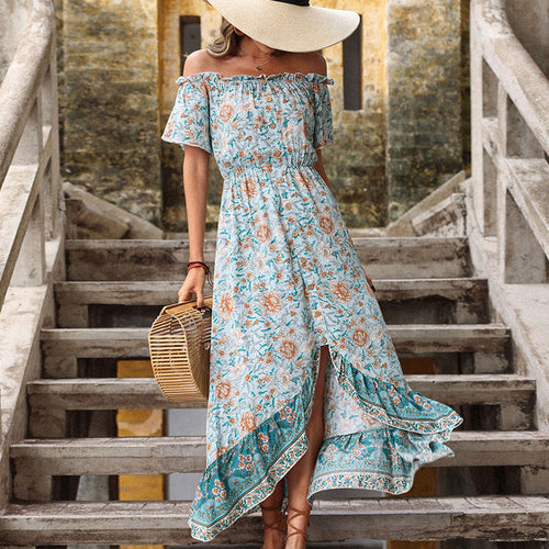 Off-shoulder floral maxi dress for women with ruffled hem Lune London