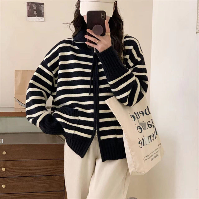 Women's knitted jacket with a modern striped pattern and practical pockets Lune London