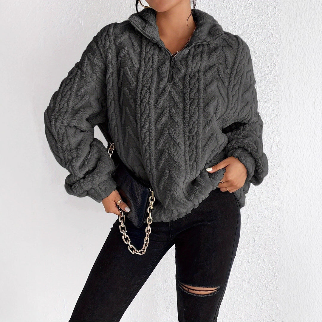 Ladies Cozy Fleece Sweater with High Collar and Zip Detail Lune London
