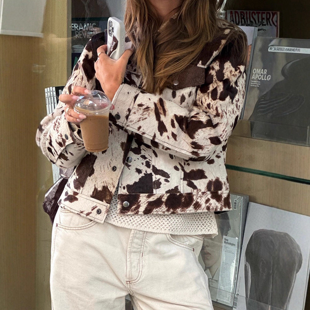 Cropped denim jacket for women with a trendy animal print Lune London