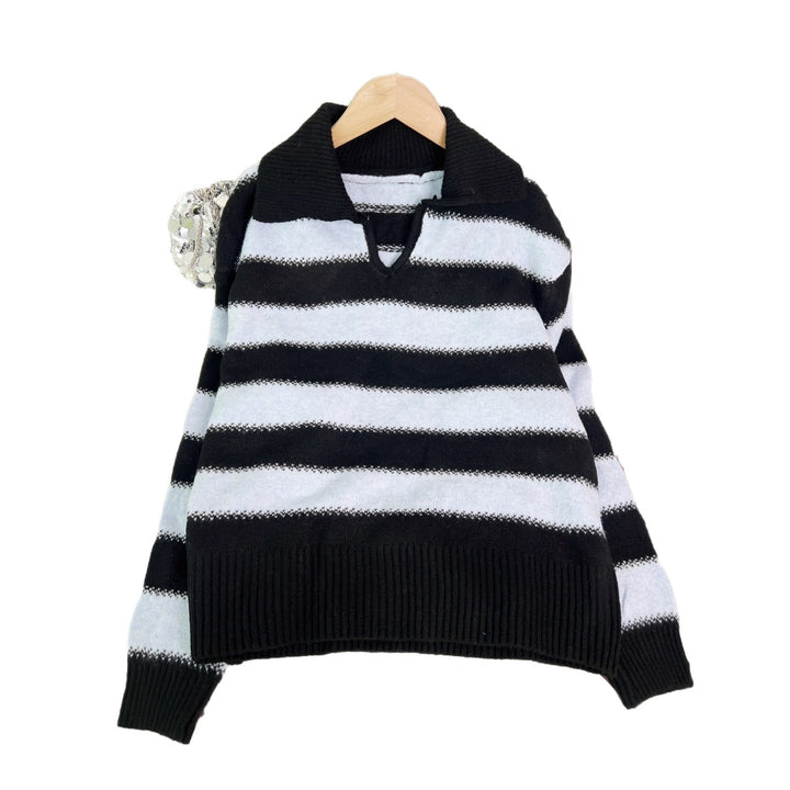 Pull rayé pour femmes avec col polo moderne et taille élastique Chic & Stil