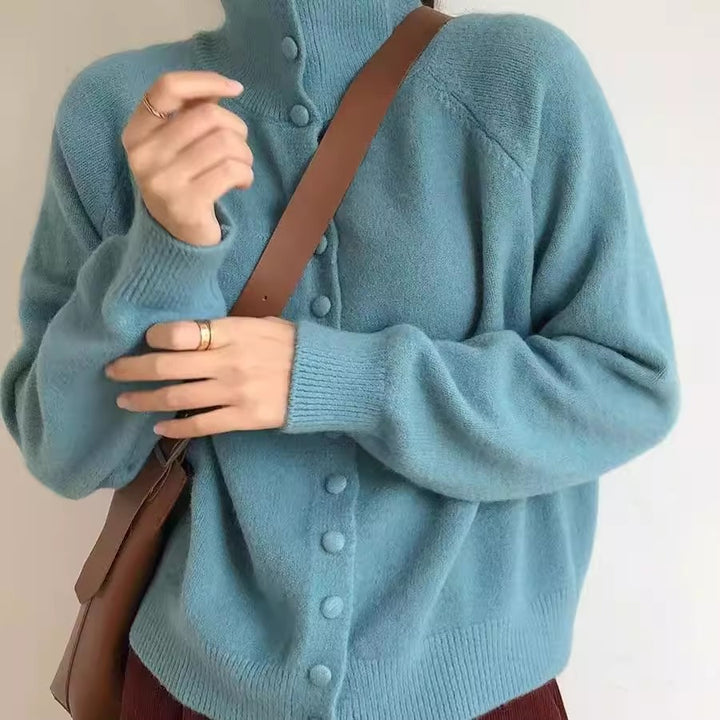 Ladies cardigan with high collar and decorative buttons Lune London