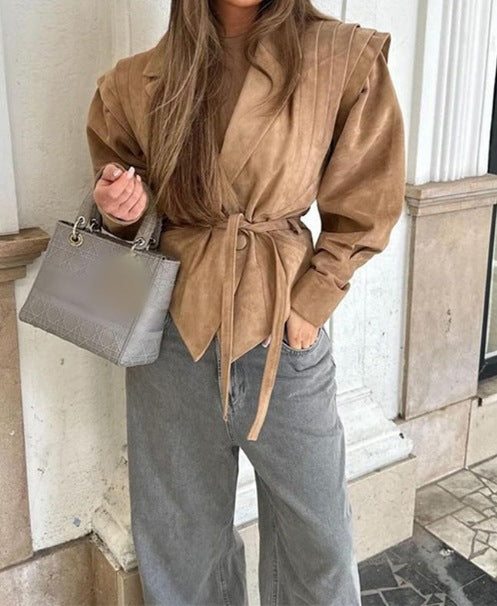 Ladies Elegant Jacket with Textured Details and Waist Belt Lune London