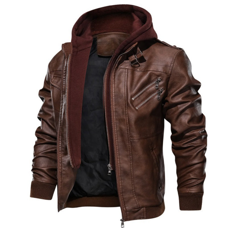 Synthetic leather jacket for men with removable hood and practical pockets Lune London