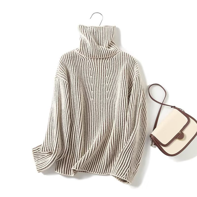 Comfortable knit sweater for women with high collar and modern stripes Lune London