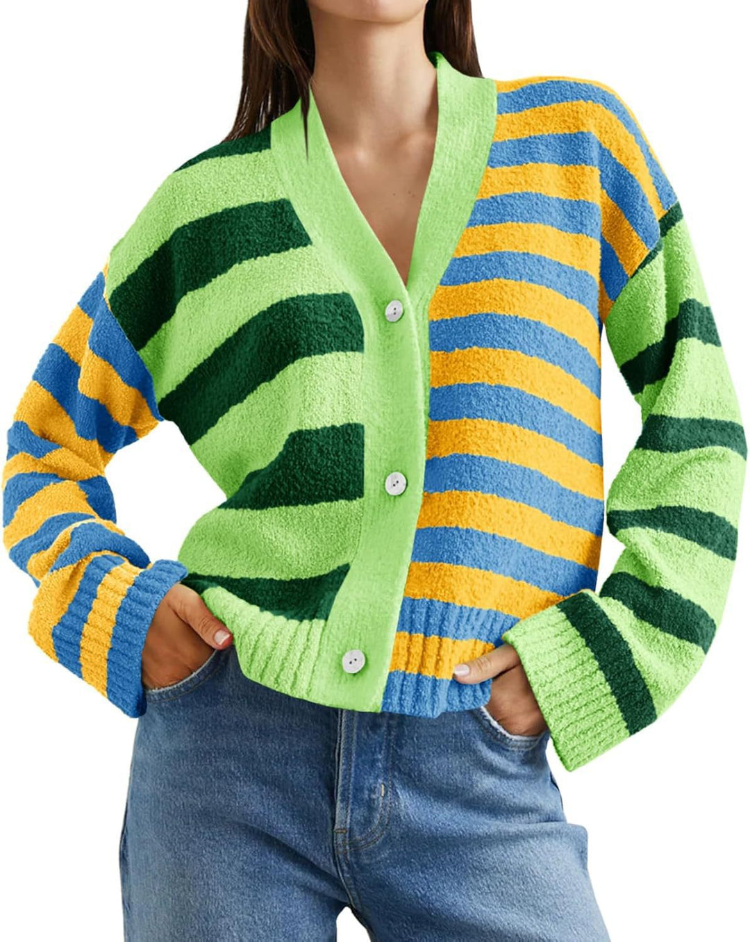Women Striped Patterned Vest with Colorful Stripe Pattern and Chic Button Details