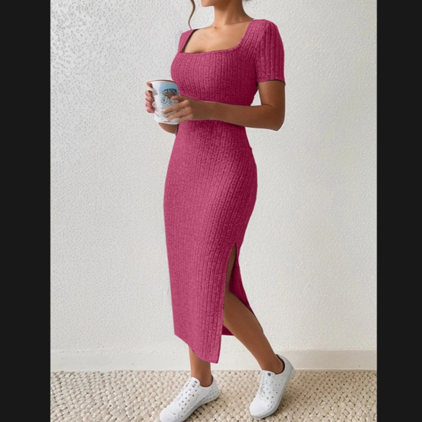 Lune London fitted maxi dress for women with side slits and stretchy material