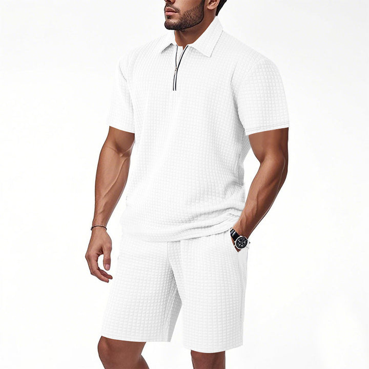 Men's modern short sleeve polo with contemporary design and chic elastic shorts