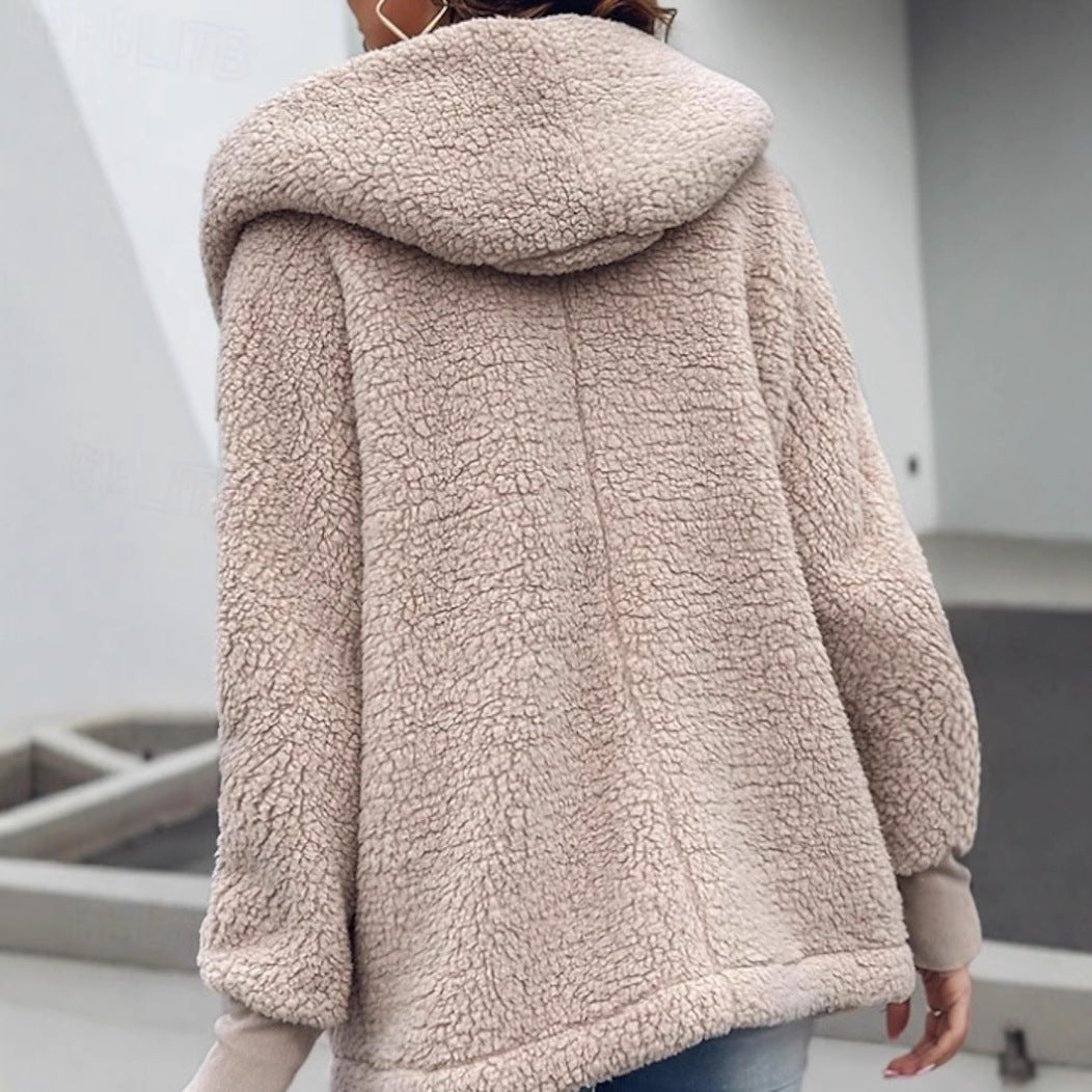 Ladies fluffy teddy jacket with oversized collar and practical pockets Lune London