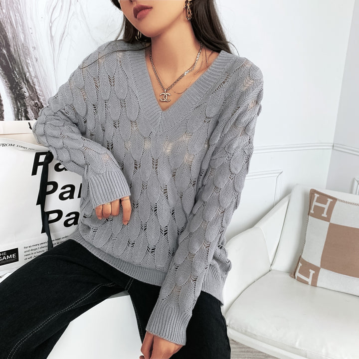 Ladies lightweight knit V-neck sweater with transparent hole pattern Lune London
