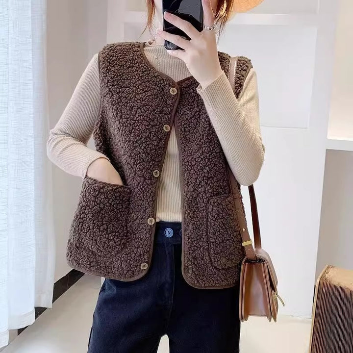 Ladies teddy fleece vest with practical pockets and button closure Chic & Stil