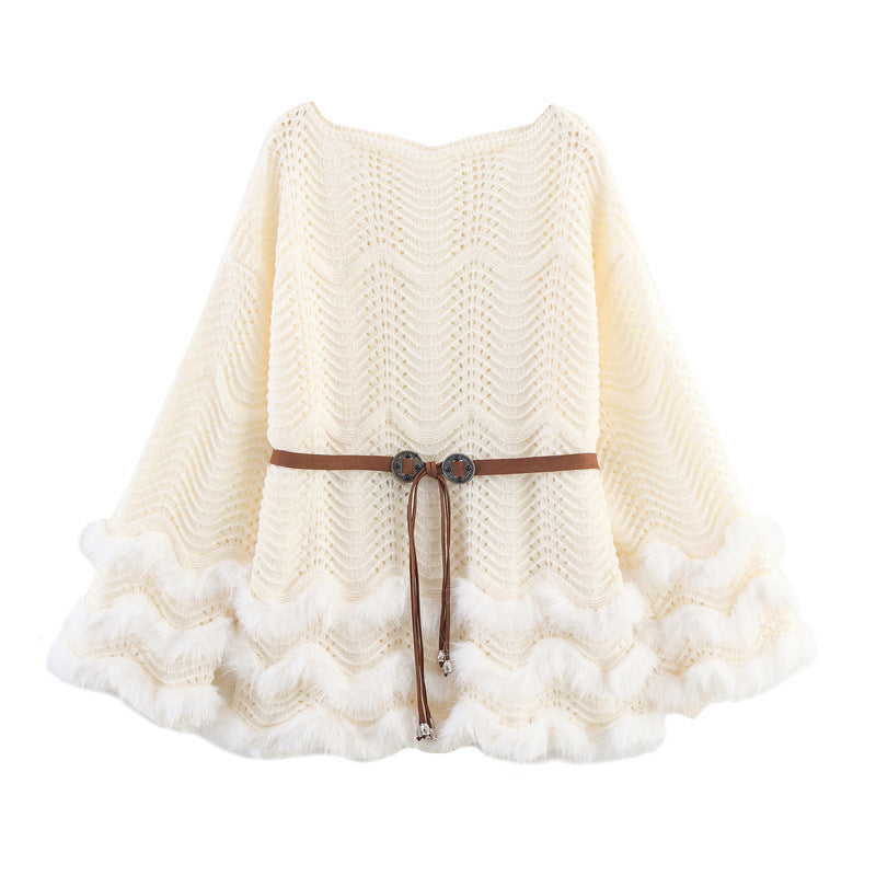 Ladies elegant cardigan with decorative belt and fur finish Lune London