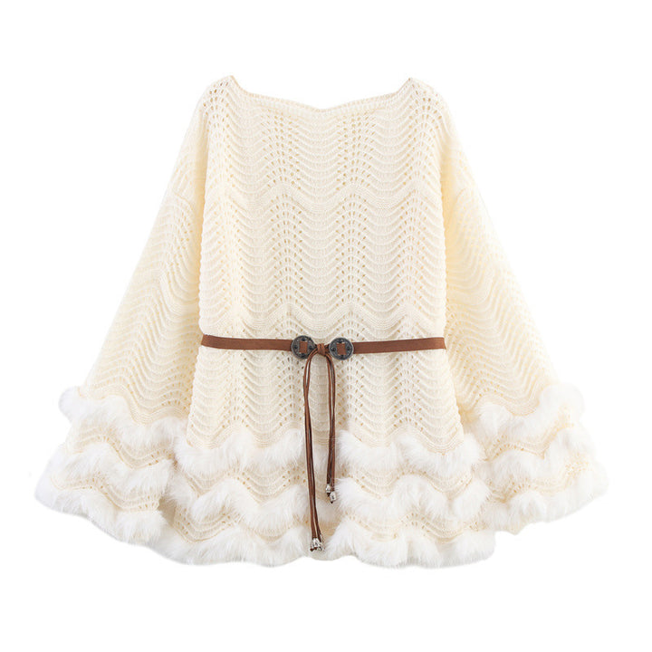 Ladies elegant cardigan with decorative belt and fur finish Lune London