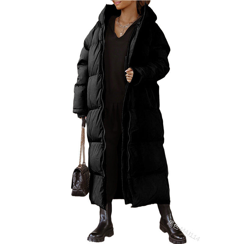 Ladies long padded jacket with hood and practical side pockets Lune London