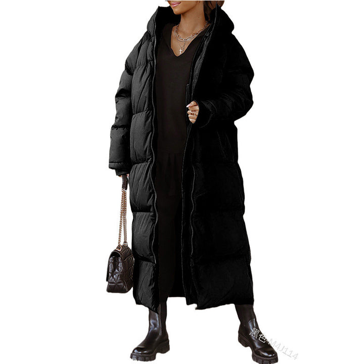 Ladies long padded jacket with hood and practical side pockets Lune London