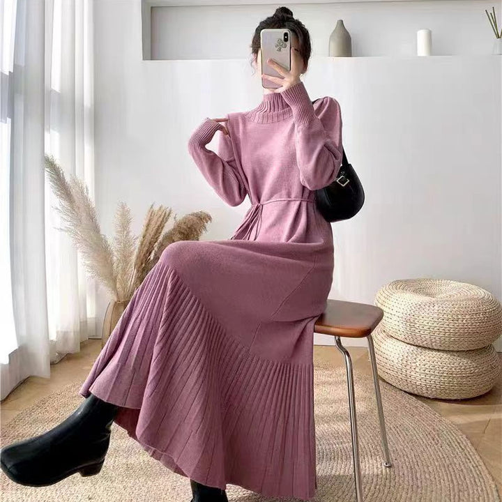 Knit dress for women with ribbed structure and waistband Lune London