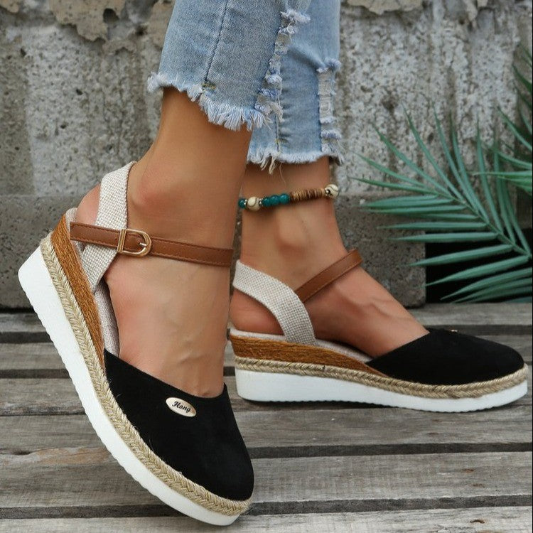 Wedge heel sandals for women with woven strap design and comfortable sole Lune London