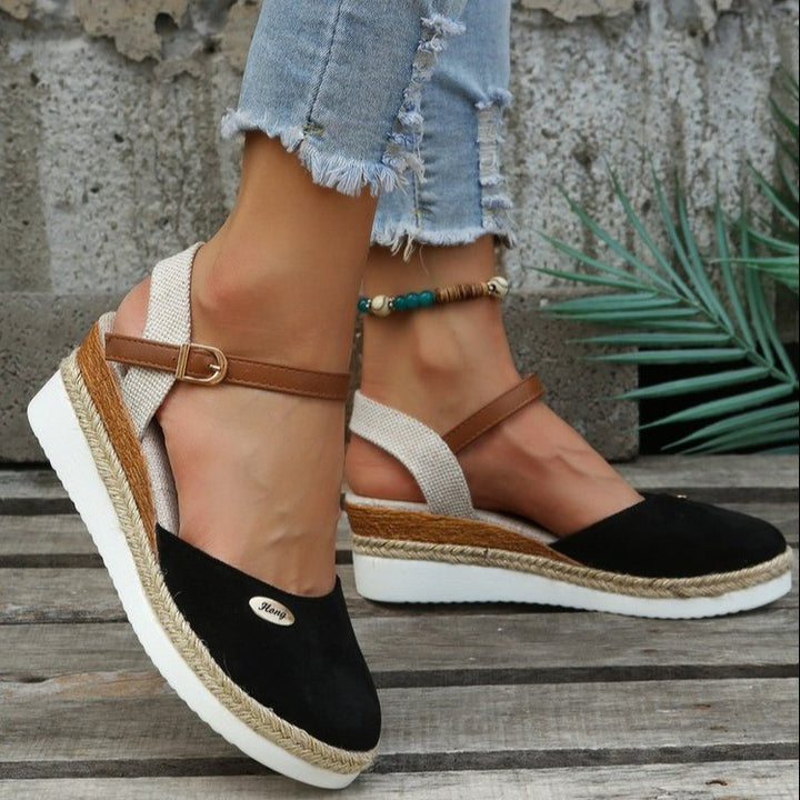 Wedge heel sandals for women with woven strap design and comfortable sole Lune London