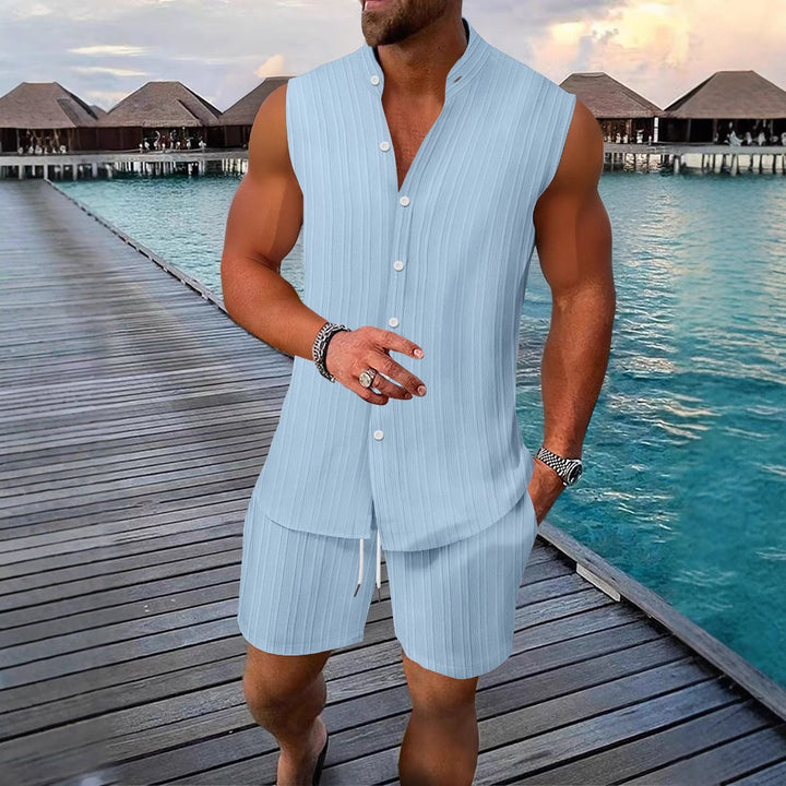 Men's casual sleeveless summer outfit living room Lune London