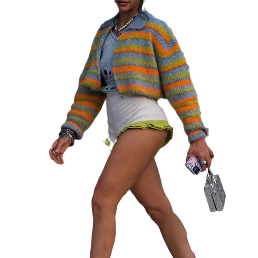 Ladies cropped knit sweater with zipper and colorful striped pattern Lune London