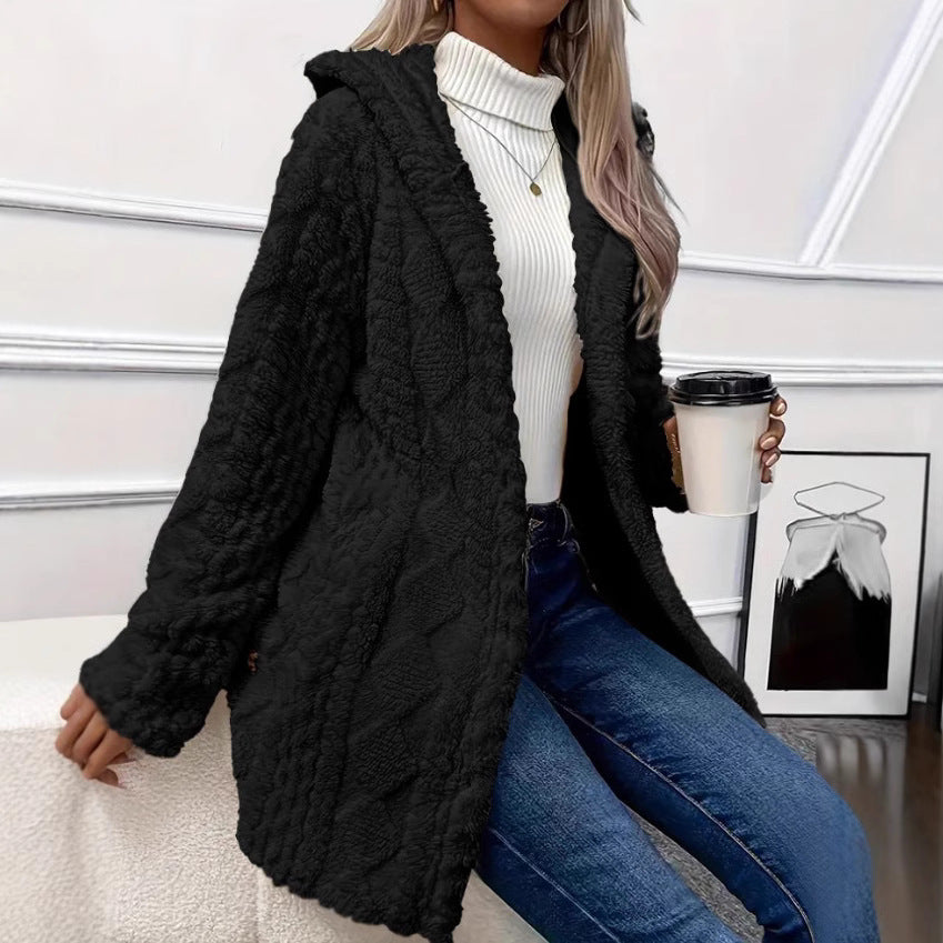 Ladies oversized cozy coat with hood and button placket Lune London