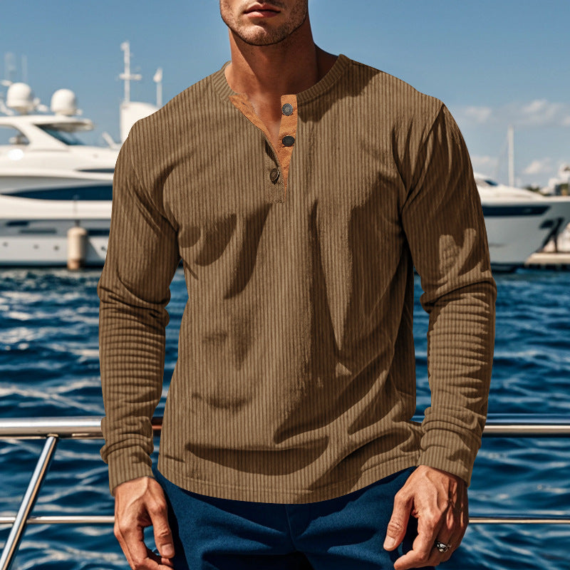Men's Long Sleeve Henley T-Shirt in Lightweight Ribbed Fabric with Button Placket Lune London