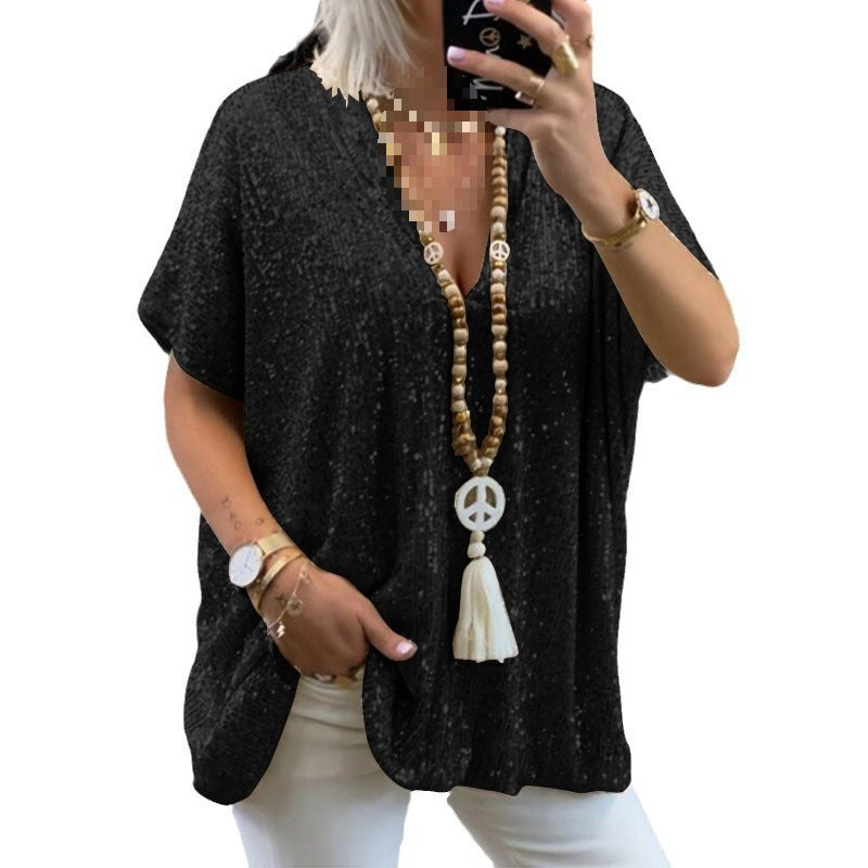 T-Shirt tunique paillettes glamour pour femmes avec décolleté en V Lune London
