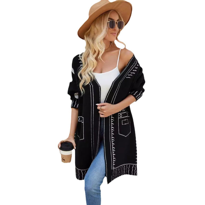 Elegant women's cardigan with deep V-neck and decorative seams Lune London