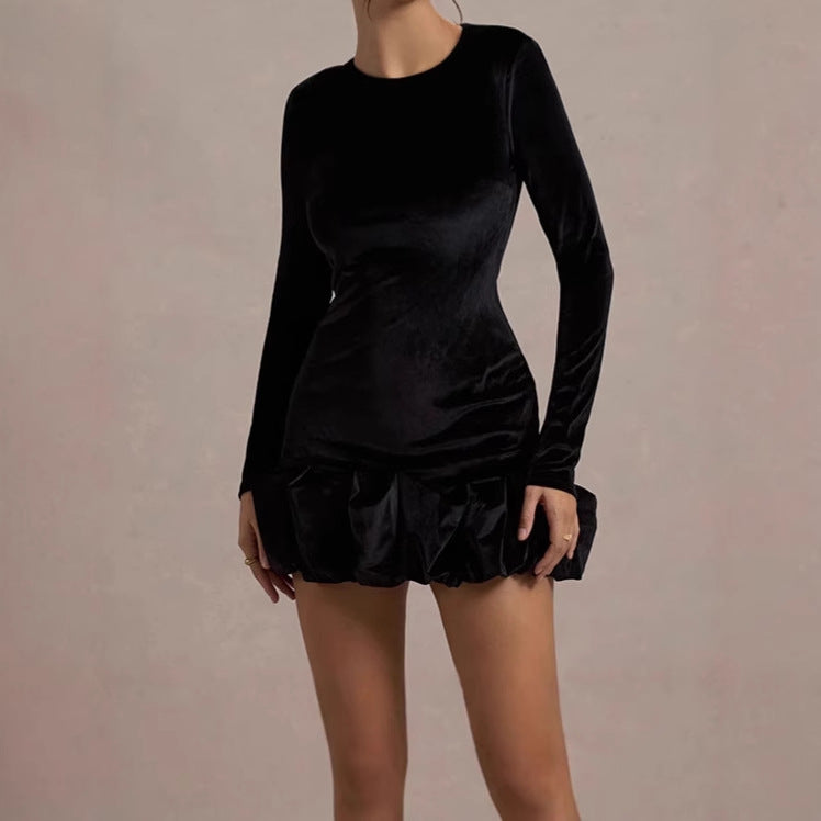 Lune London refined velvet mini dress for women with voluminous ruffle details