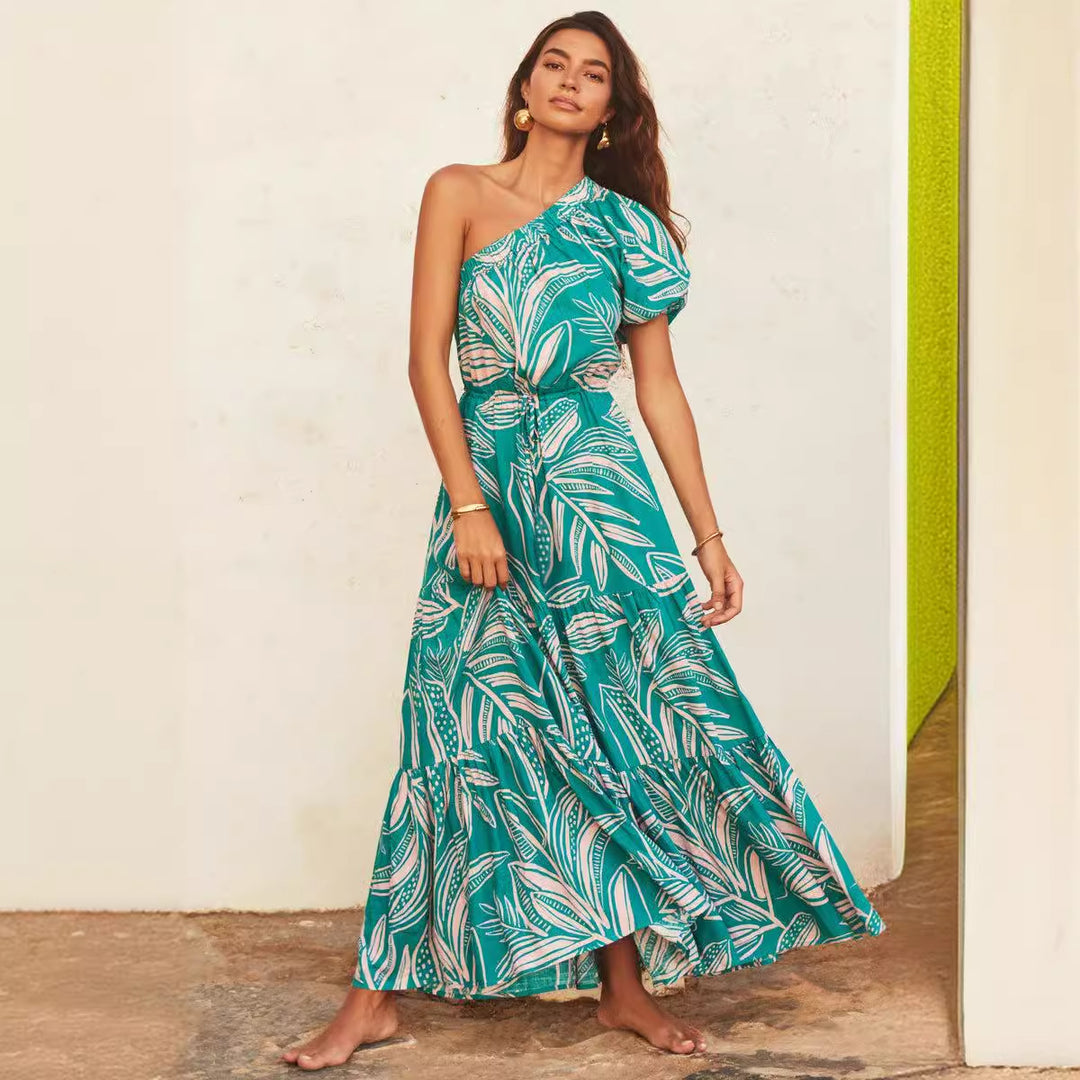 Women's maxi dress with sophisticated one-shoulder design and voluminous hem Lune London