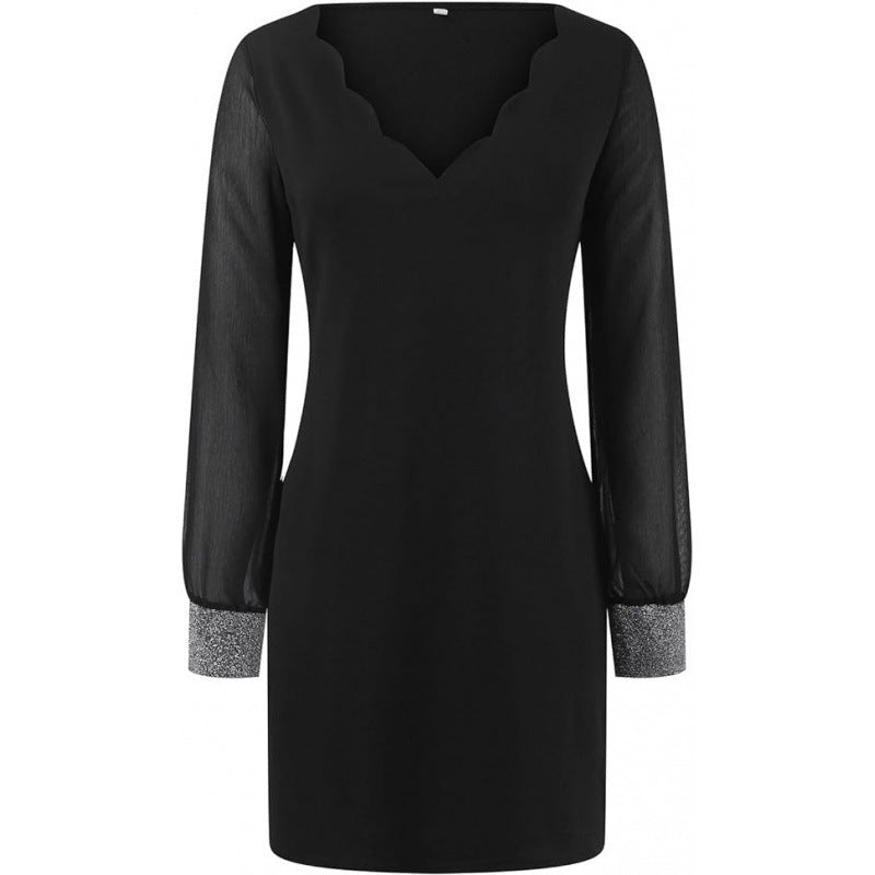 Ladies Elegant Slim V Neck Dress with Long Sheer Sleeves and Chic Gem Accents