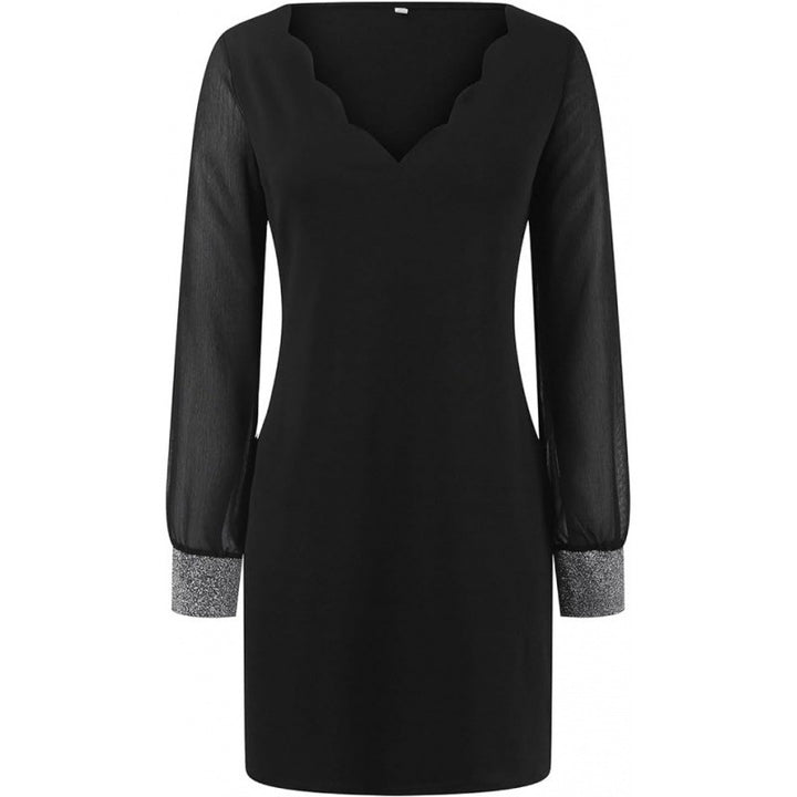 Ladies Elegant Slim V Neck Dress with Long Sheer Sleeves and Chic Gem Accents