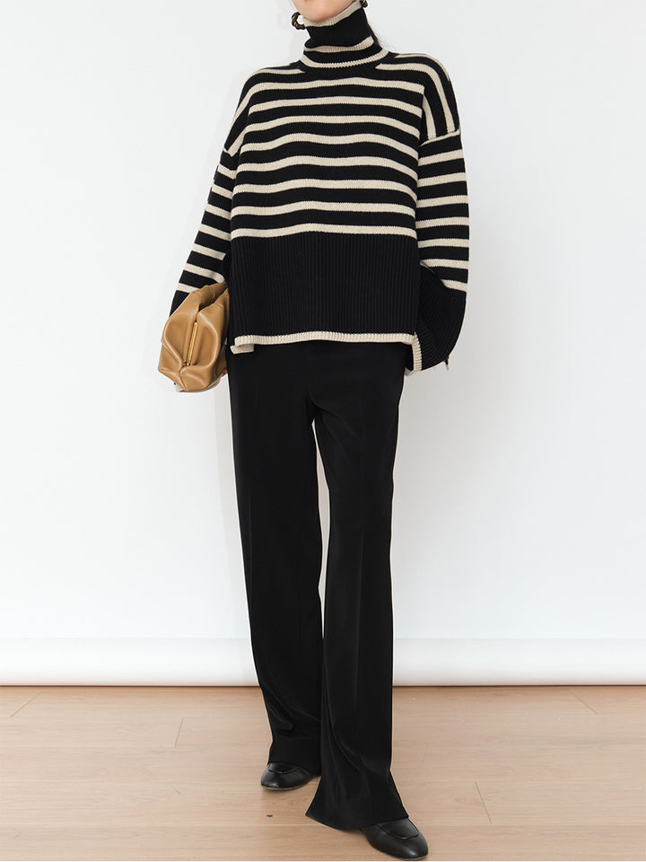 Ladies casual knit sweater with stripes and high collar Lune London