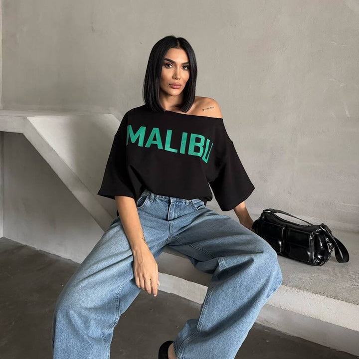 Oversized T-shirt for ladies with asymmetric neckline and contrasting print Lune London