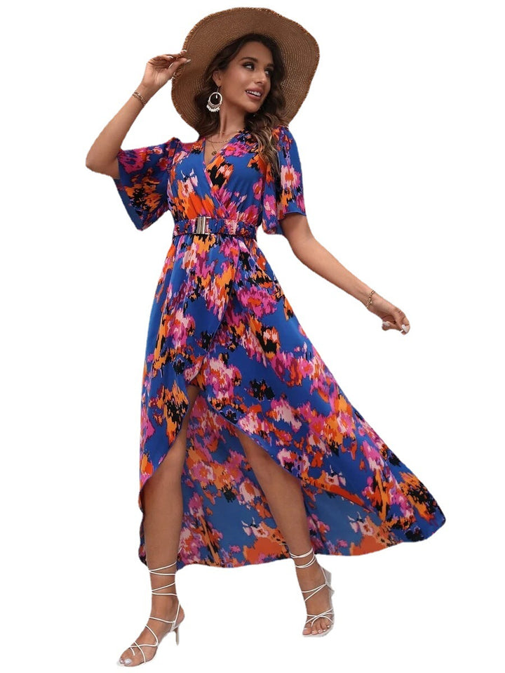 Maxi floral dress with long sleeves for women with belt pouch Lune London
