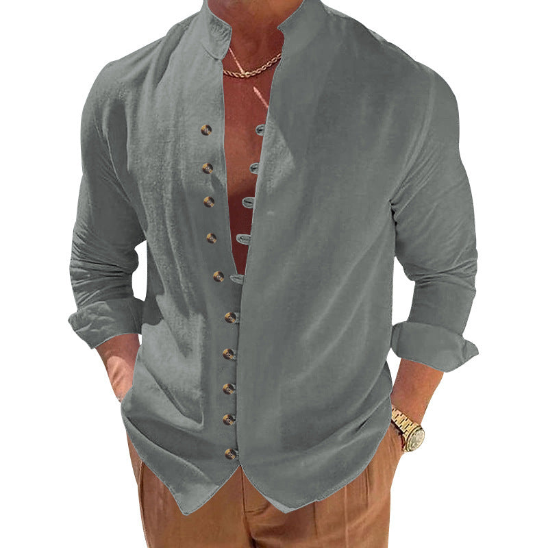 Fashionable long-sleeve shirt for men with a modern button design and a chic stand-up collar