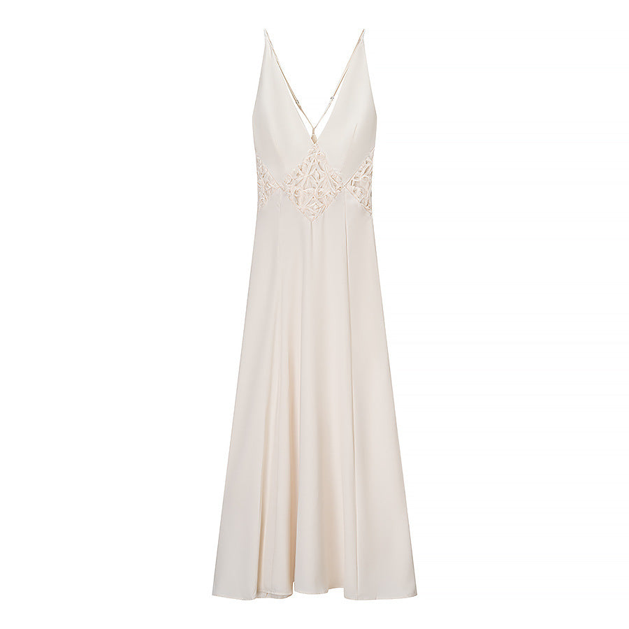 Women’s long sleeve maxi dress with a refined V-neckline and artistic lace ornament Lune London