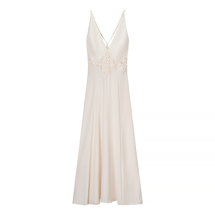Women’s long sleeve maxi dress with a refined V-neckline and artistic lace ornament Lune London